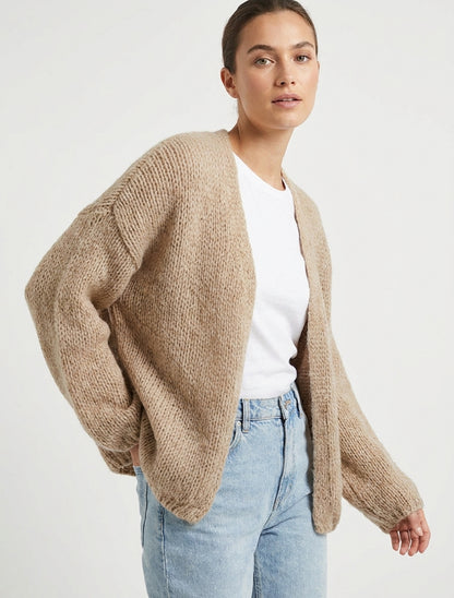Gilet ajouré maille épaisse col droit - Beige