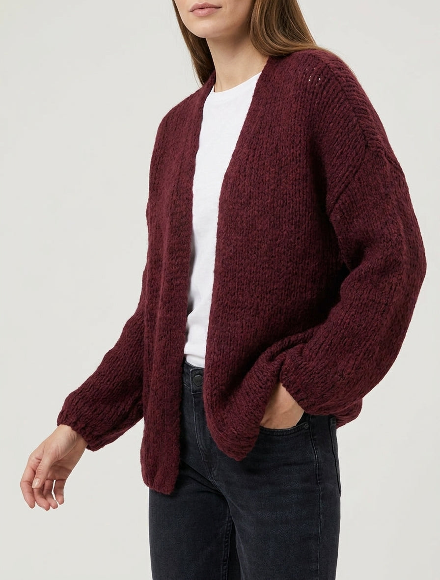 Gilet maille ajourée col droit - Lie de vin