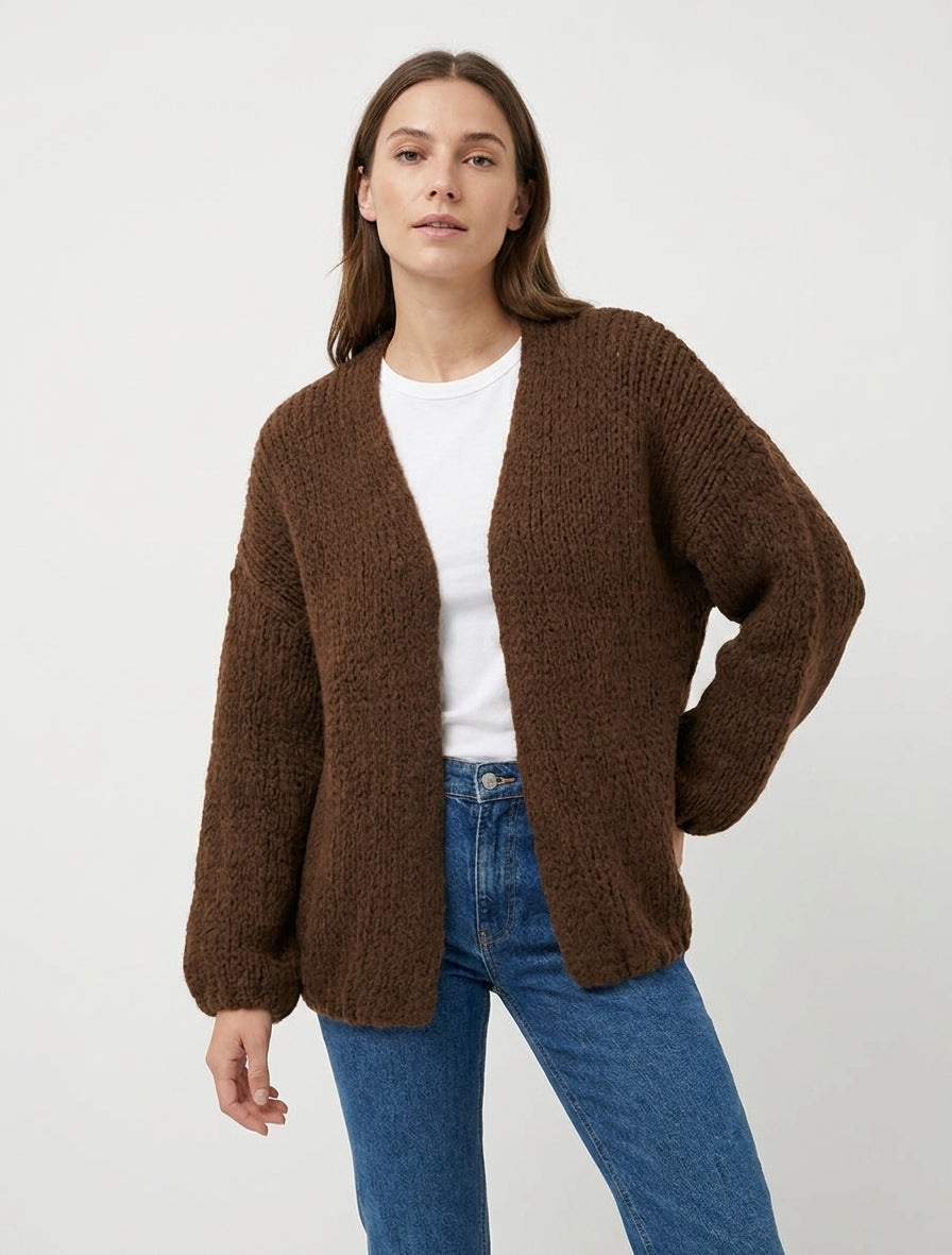 Gilet ouvert col droit maille ajourée - Marron