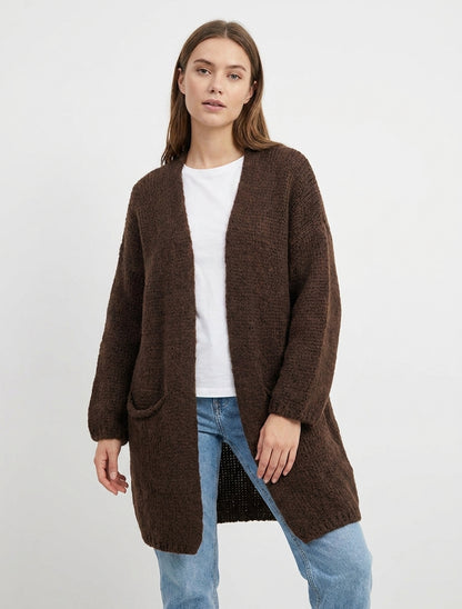 Gilet long à poches en maille - Marron