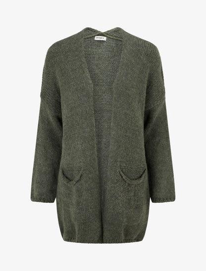Gilet long ouvert en maille épaisse - Kaki - 1