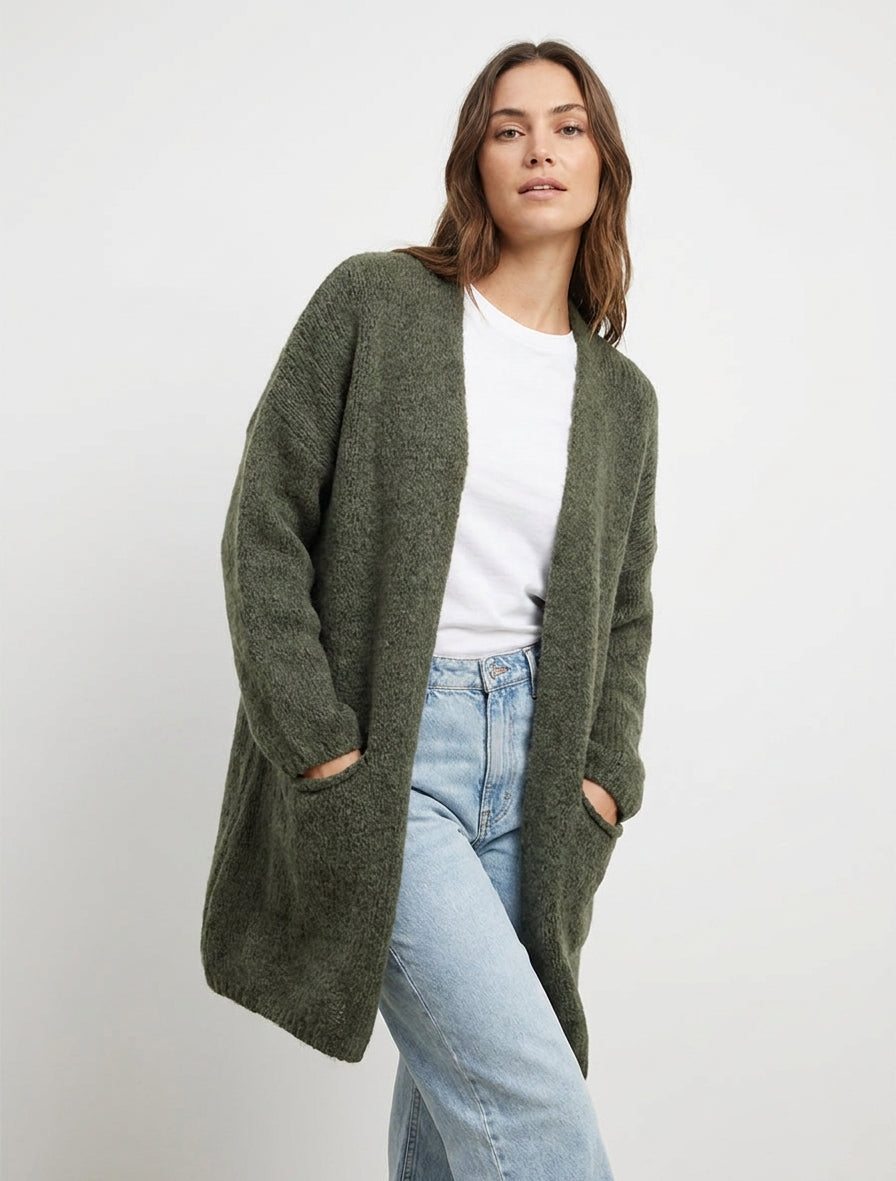 Gilet long ouvert à poches - Kaki