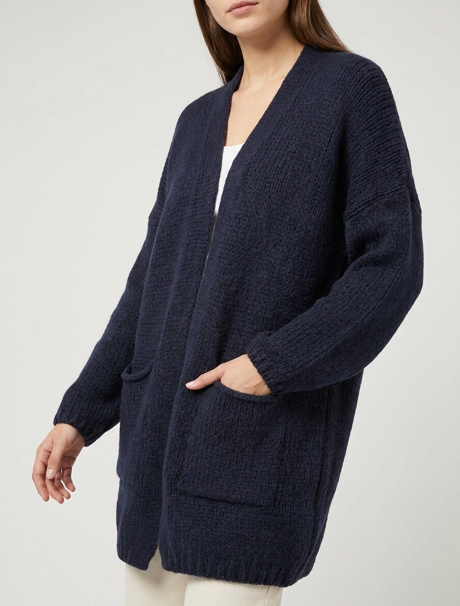 Gilet long à poches en maille - Marine