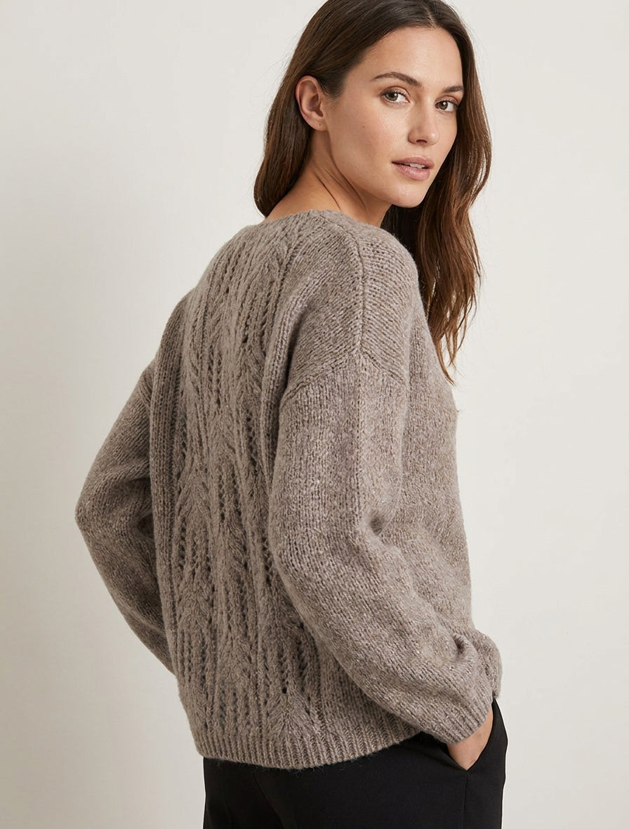 Pull ample dos ajouré à col rond - Taupe