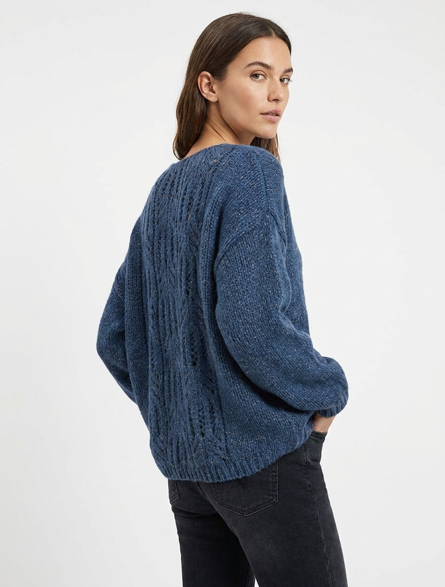 Pull ample à dos ajouré - Bleu charrette