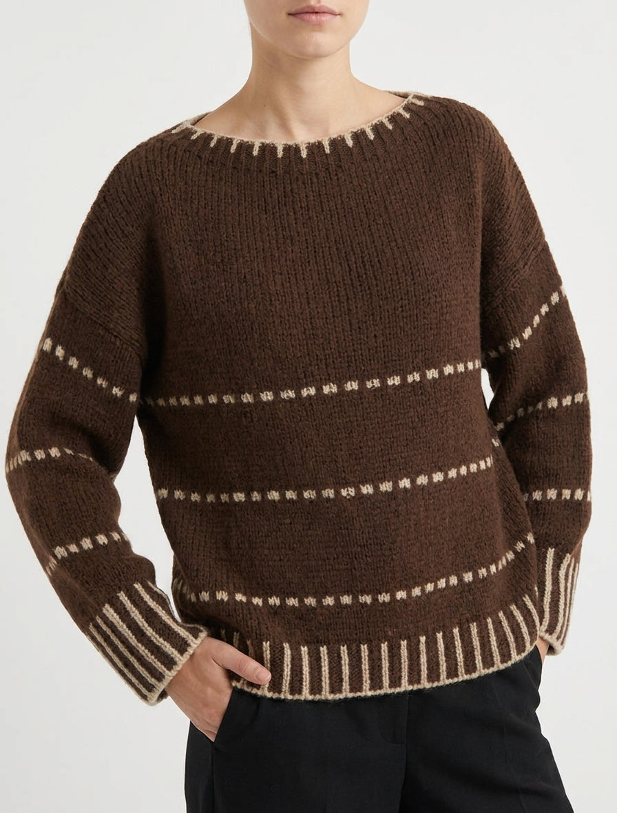 Pull col bateau à rayures pointillé - Marron