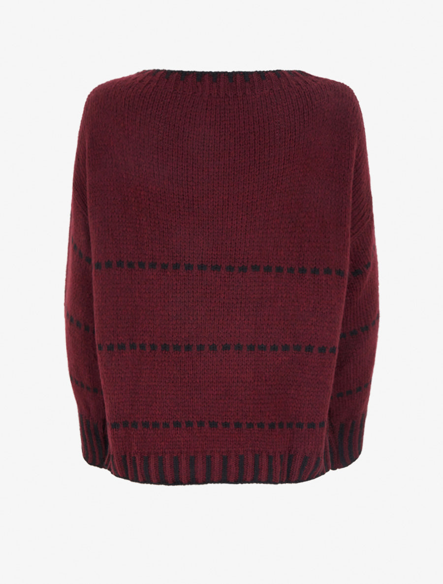 Pull coupe carrée à rayures style pointillé - Lie de vin - 2