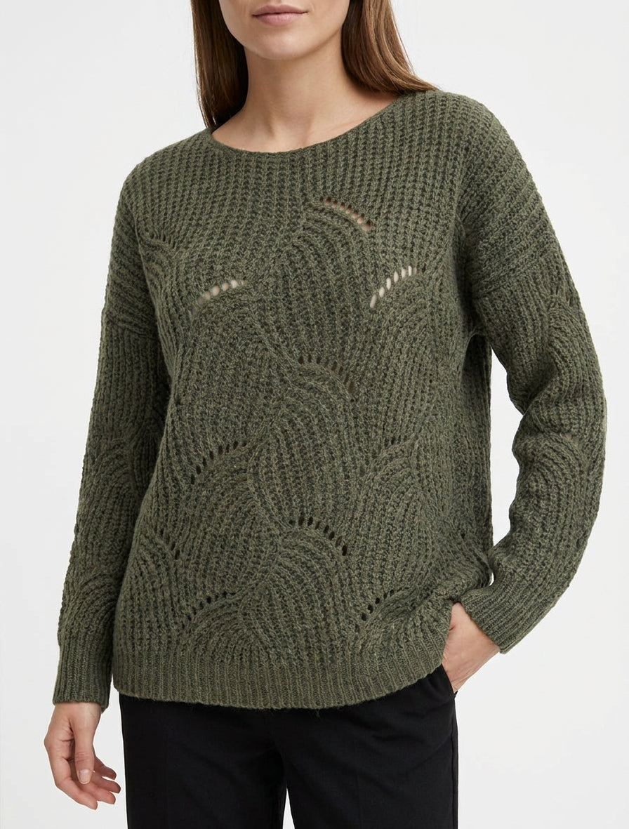 Pull ample col bateau maille ajourée - Kaki