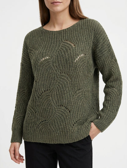 Pull ample col bateau maille ajourée - Kaki