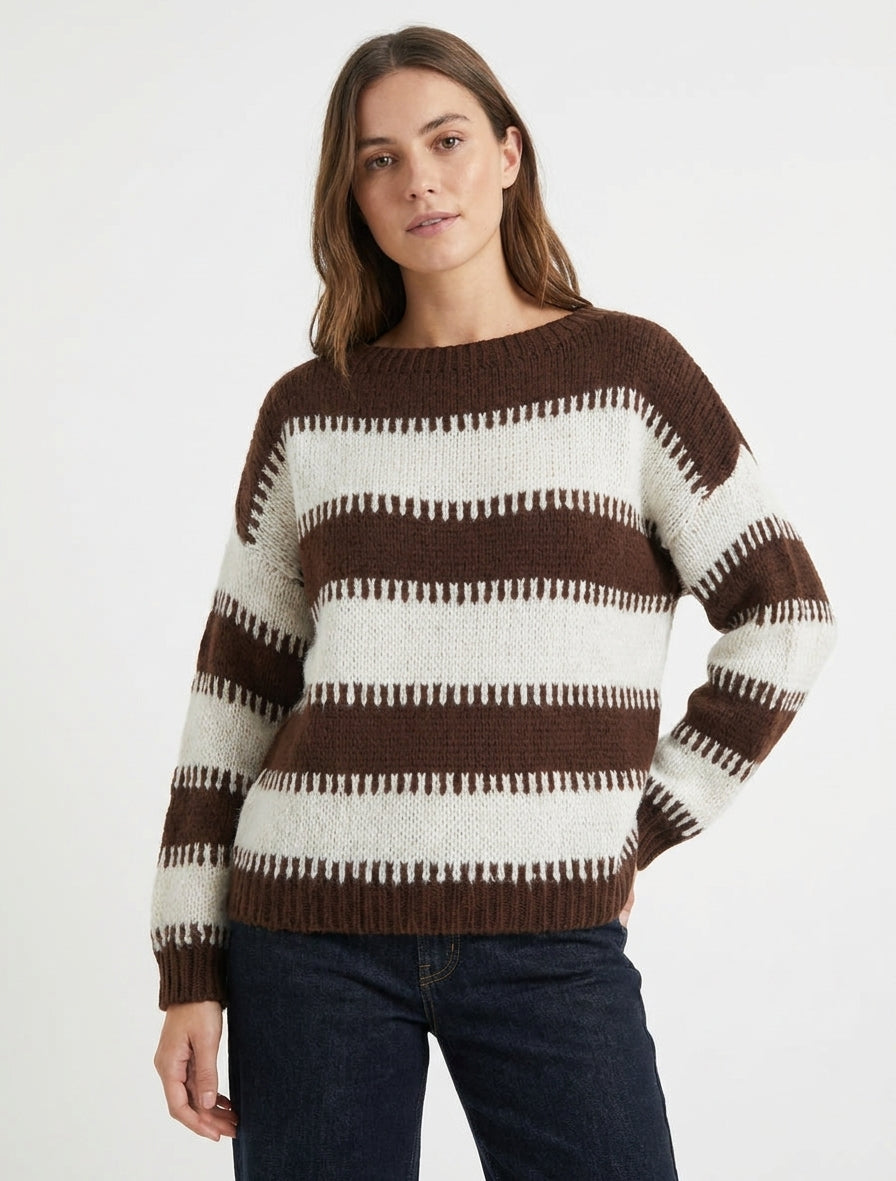 Pull col bateau rayures fantaisies - Marron
