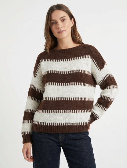 Pull col bateau rayures fantaisies - Marron