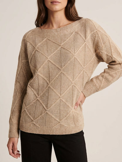 Pull col bateau maille quadrillée - Beige foncé