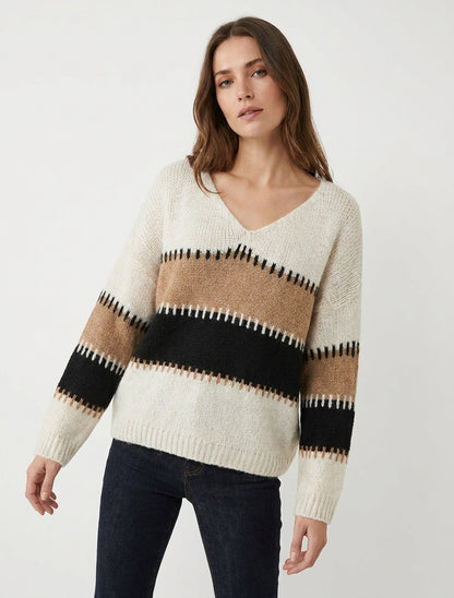 Pull ample rayé à col V - Beige