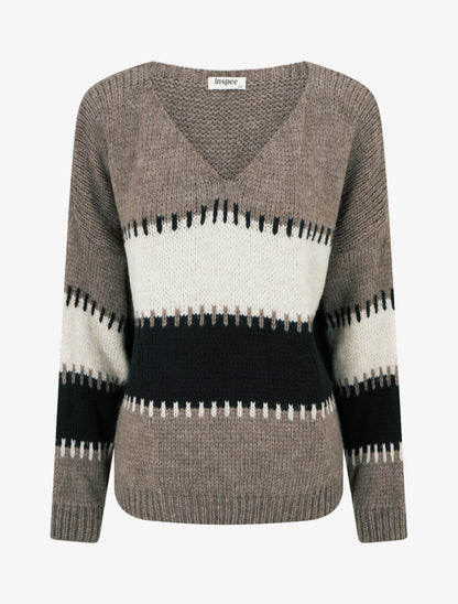 Pull ample à col V et rayures stylisées - Taupe - 1