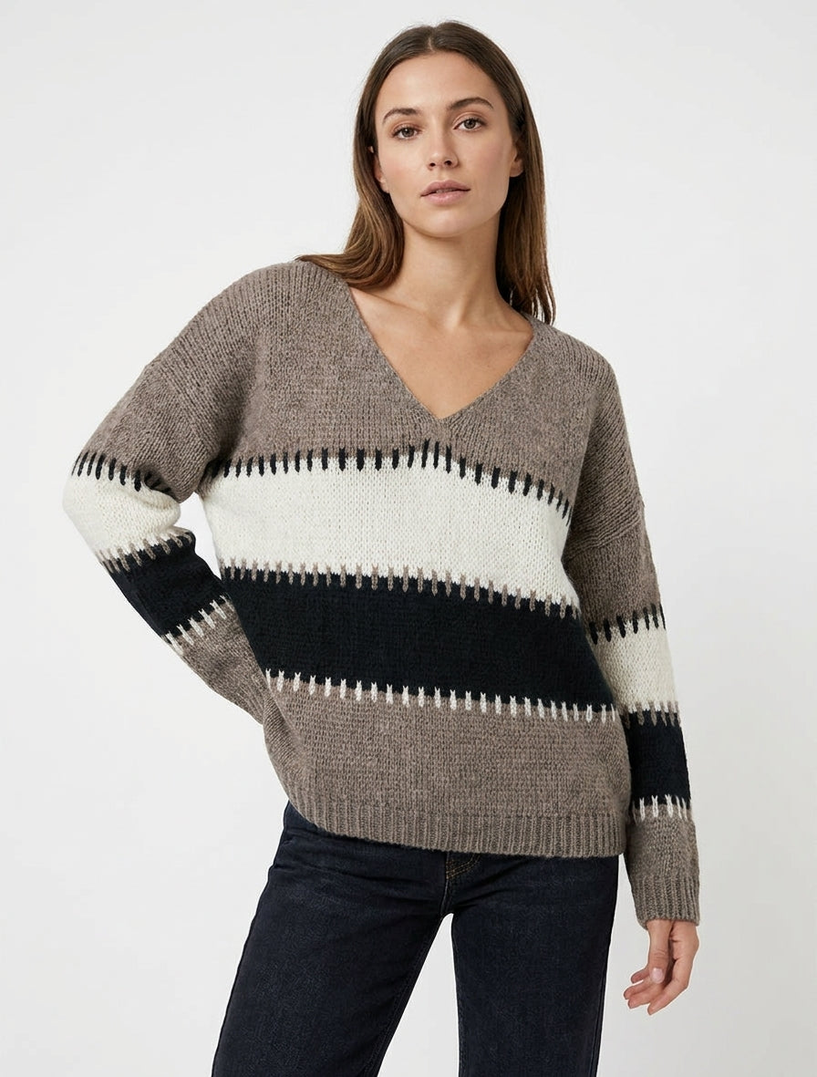 Pull ample en maille à motif rayures - Taupe