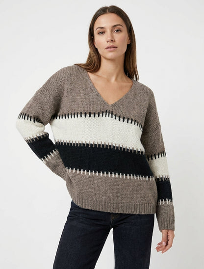 Pull ample en maille à motif rayures - Taupe