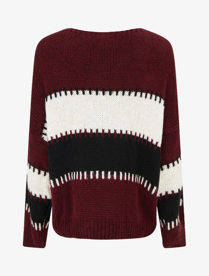 Pull ample à col V et rayures stylisées - Lie de vin - 2