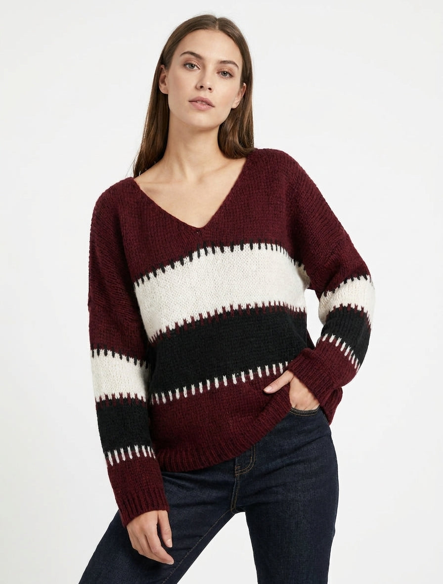 Pull ample en maille rayée - Lie de vin