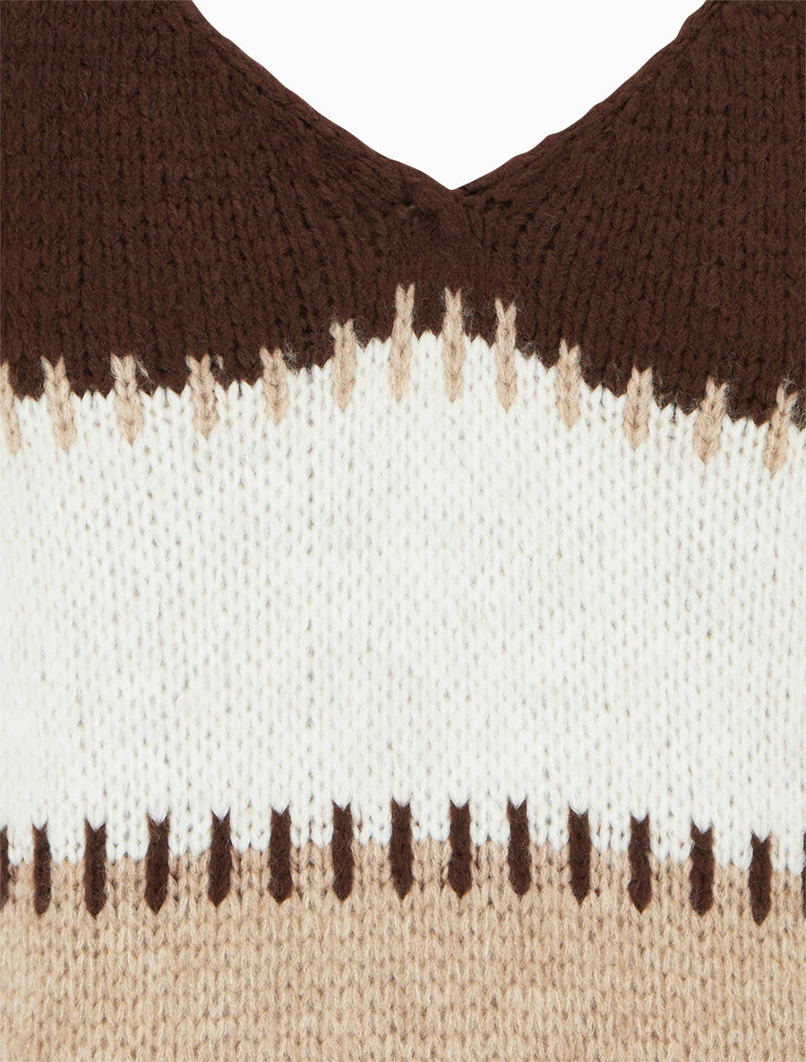Pull ample à col V et rayures stylisées - Marron - 3
