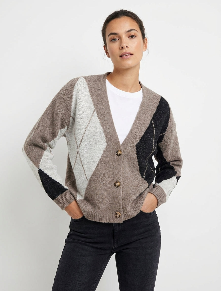 Gilet ample col V jacquard - Taupe