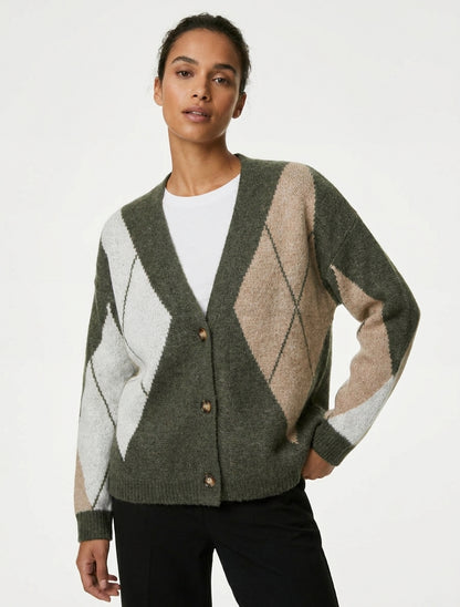 Gilet ample col V jacquard - Kaki