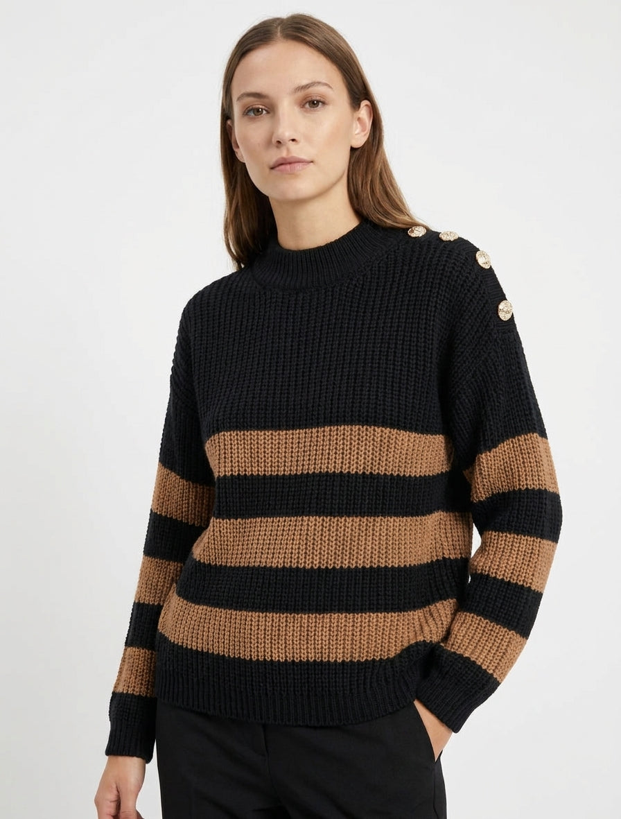 Pull rayé col montant à boutons - Noir