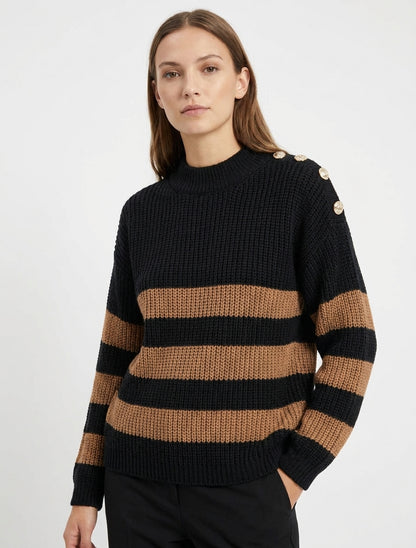 Pull rayé col montant à boutons - Noir