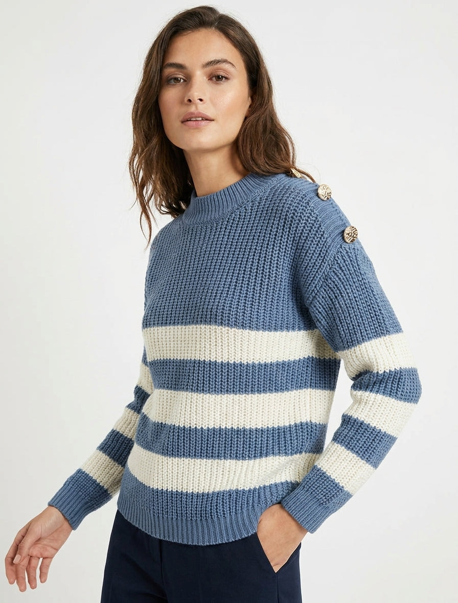 Pull rayé col montant - Bleu charrette