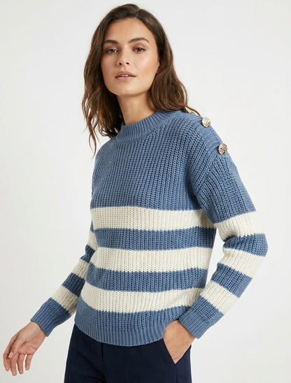 Pull rayé col montant - Bleu charrette