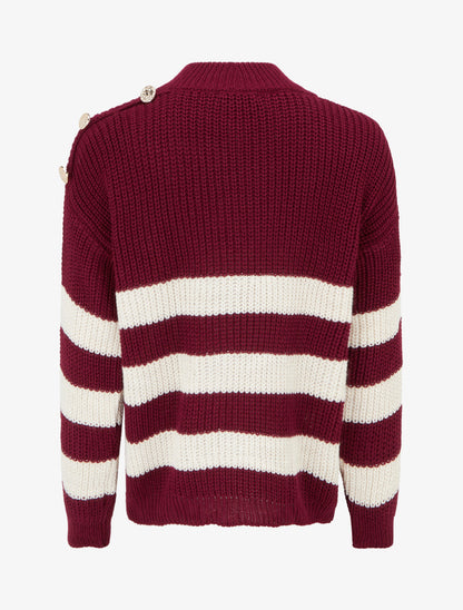 Pull à rayures et boutons décoratifs - Lie de vin - 2
