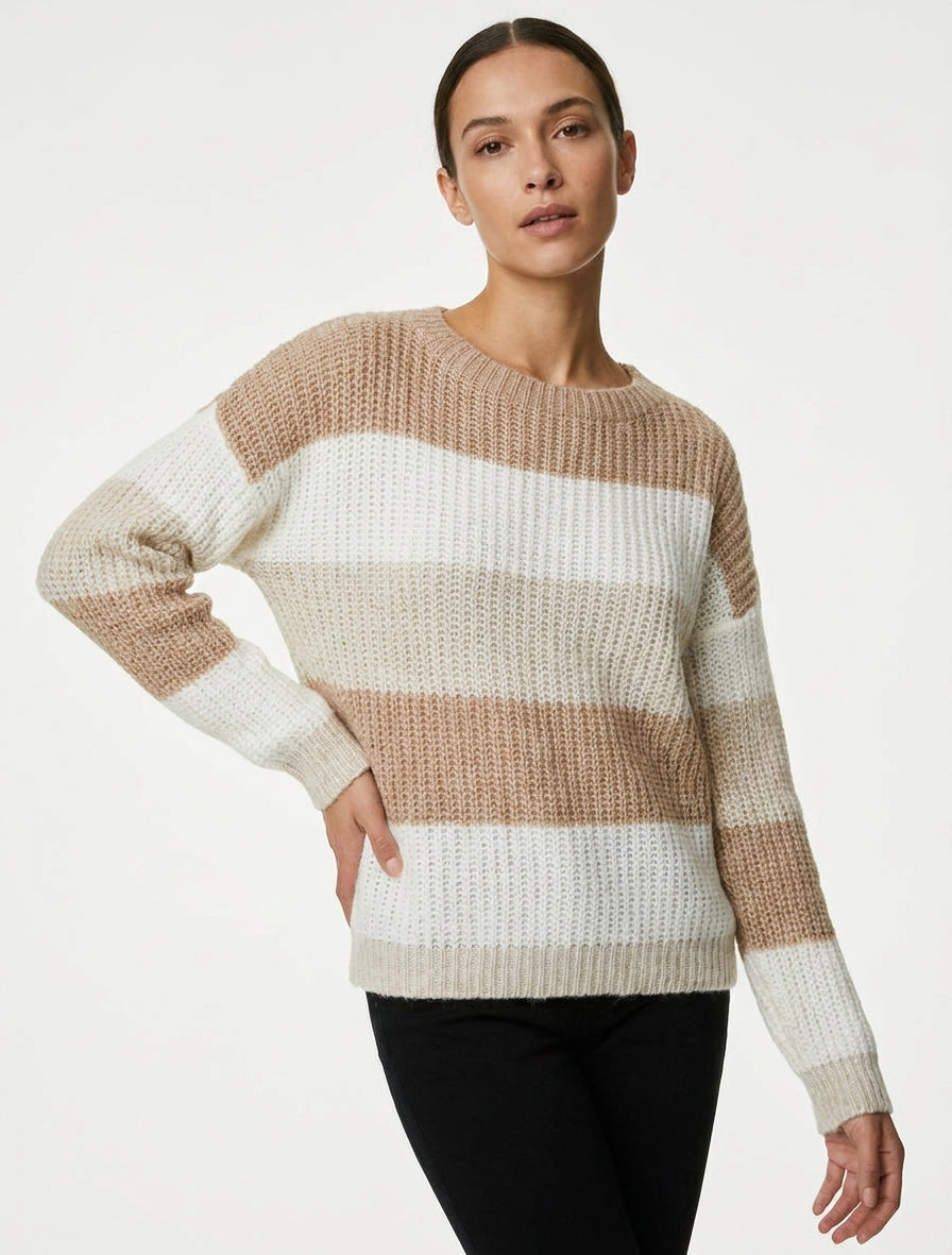 Pull à rayures col rond - Beige