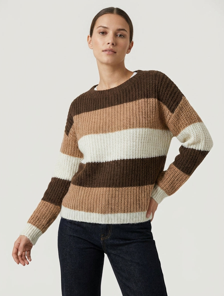 Pull rayé col rond manches longues - Marron