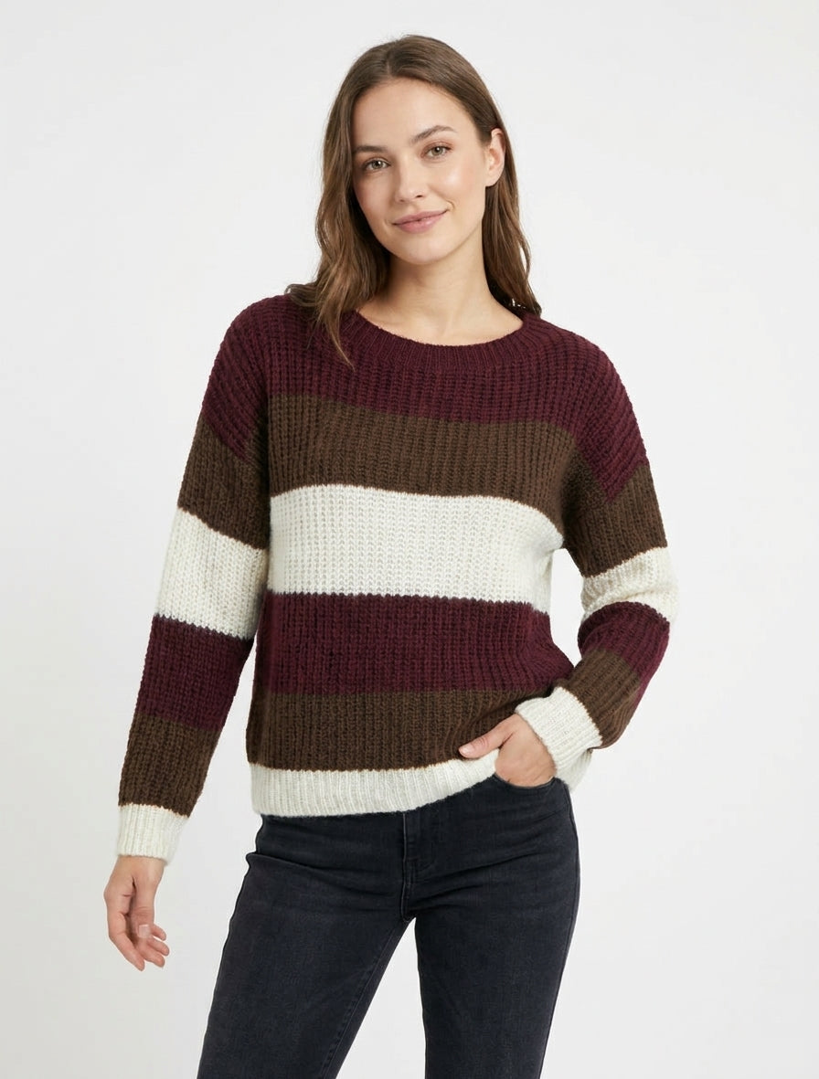 Pull rayé col rond - Bordeaux