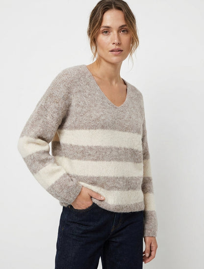 Pull rayé ample en laine mélangée - Taupe
