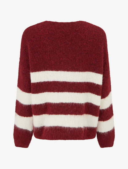 Pull à rayures en laine mélangée à col V - Bordeaux - 2