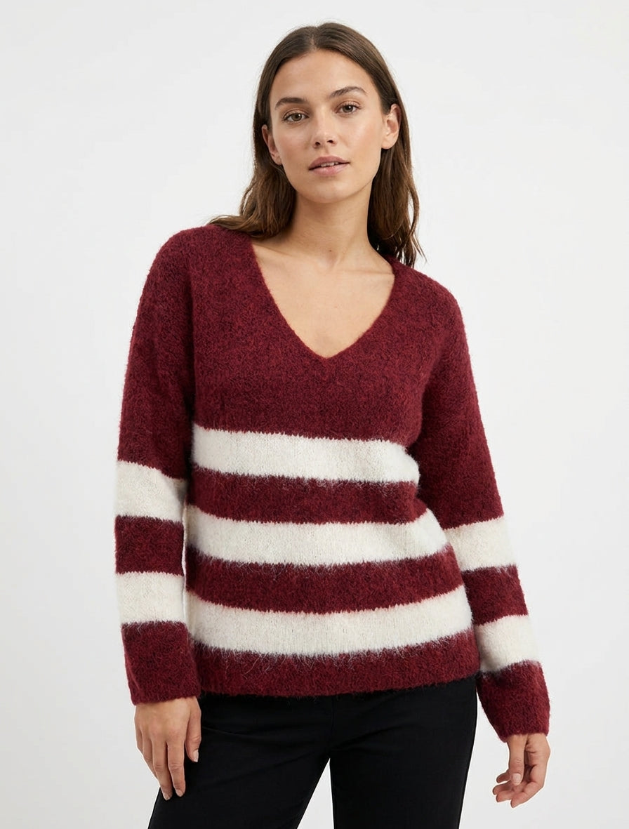 Pull rayé en maille à col V - Bordeaux
