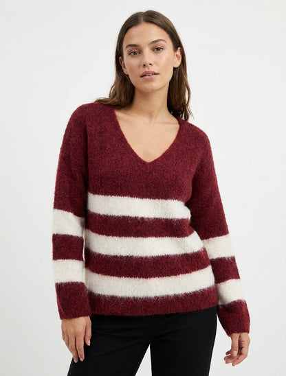 Pull rayé en maille à col V - Bordeaux