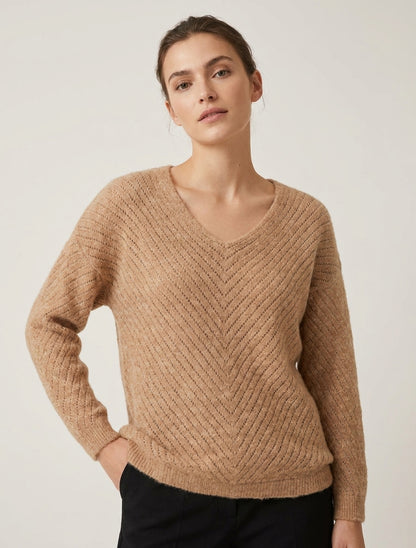Pull ample maille ajourée col V - Camel