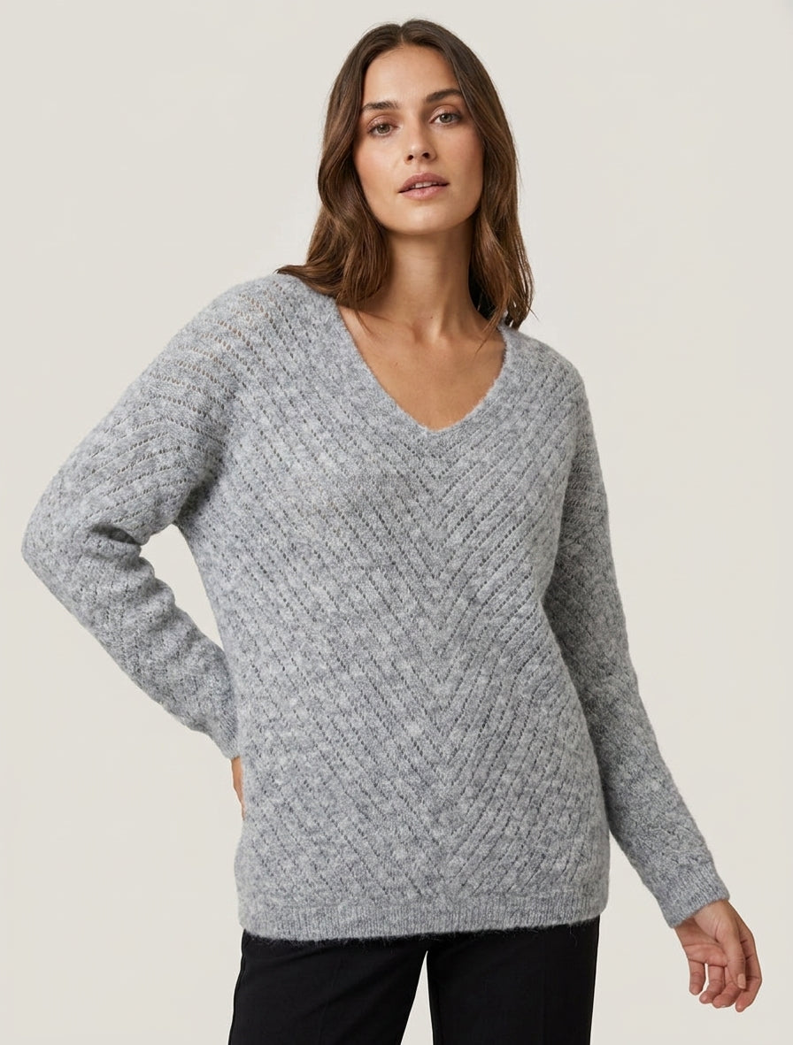 Pull ample maille ajourée col V - Gris