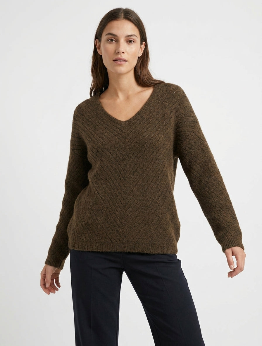 Pull ample à maille ajourée en V - Marron