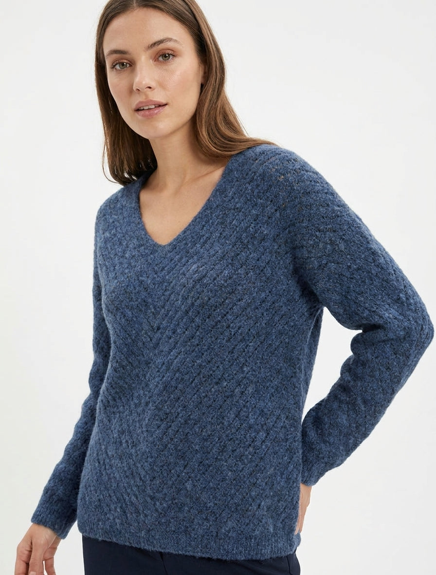 Pull ample maille ajourée col V - Bleu