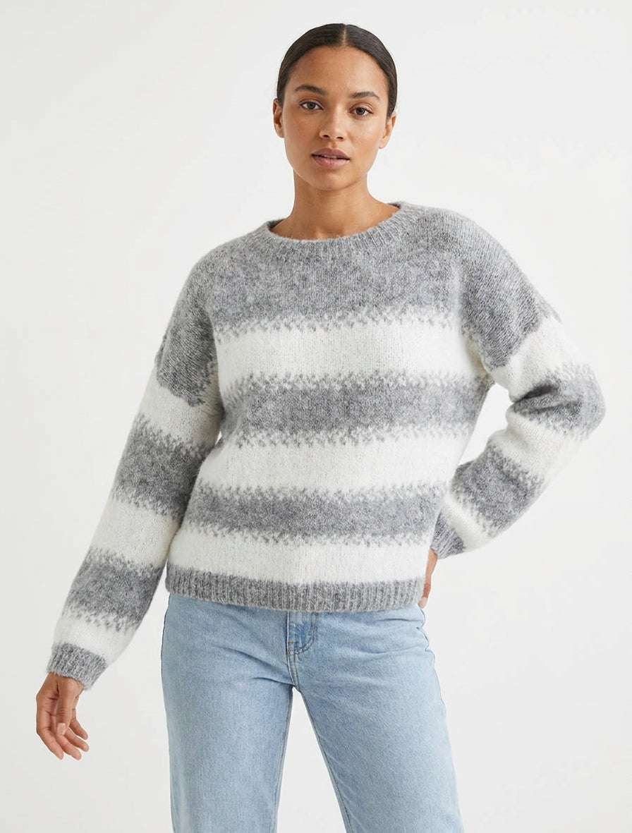 Pull ample col rond à rayures - Gris clair