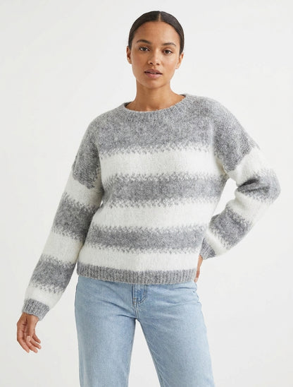 Pull ample col rond à rayures - Gris clair