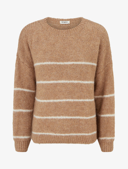 Pull en laine mélangée à col rond et rayures - Camel - 1