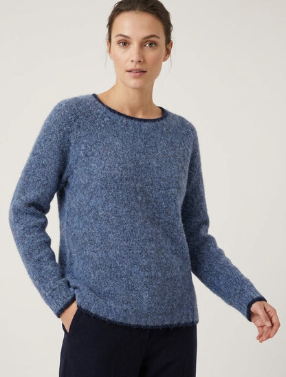 Pull en laine col rond à bords contrastants - Bleu