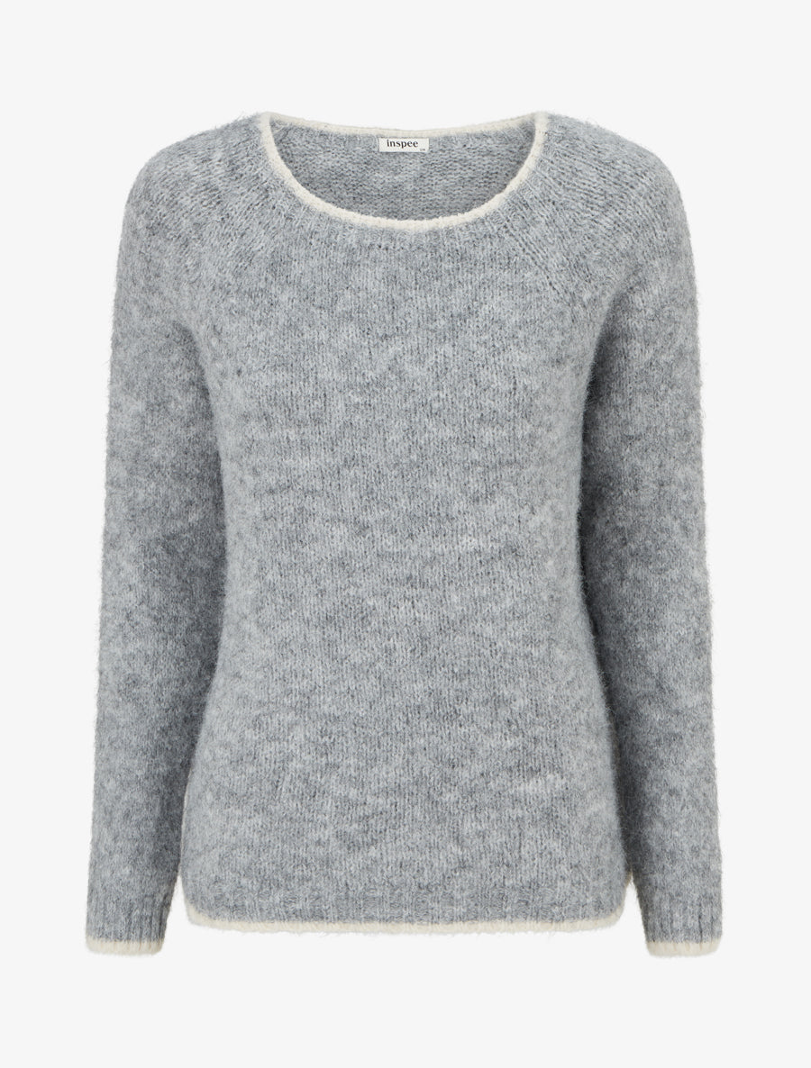 Pull en laine mélangée à liseré contrastant - Gris - 1