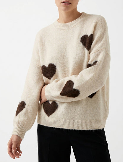 Pull en laine col montant à cœur - Beige clair