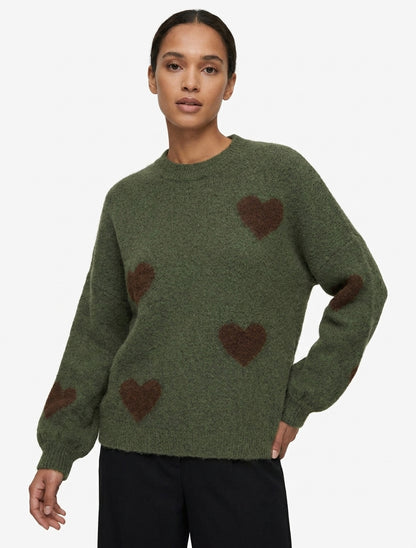 Pull en laine col montant à cœur - Kaki