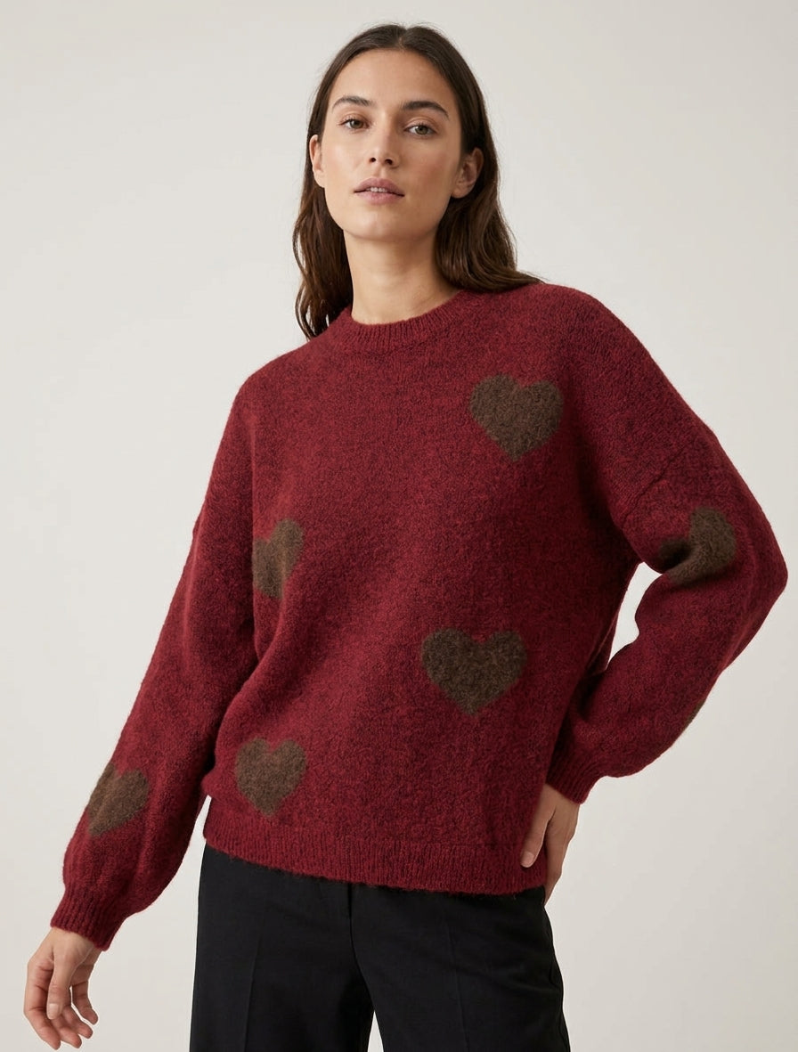 Pull en laine col montant à cœur - Bordeaux