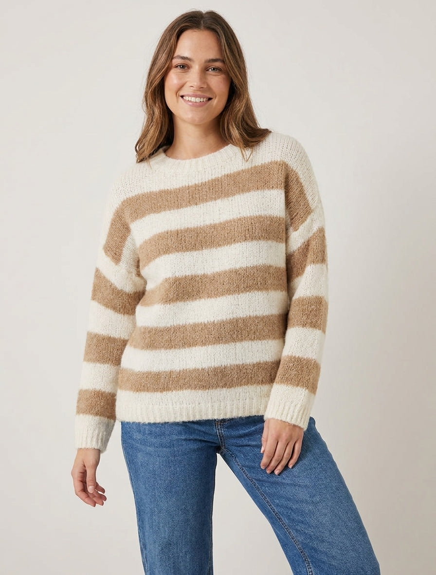 Pull ample col rond en laine mélangée - Camel